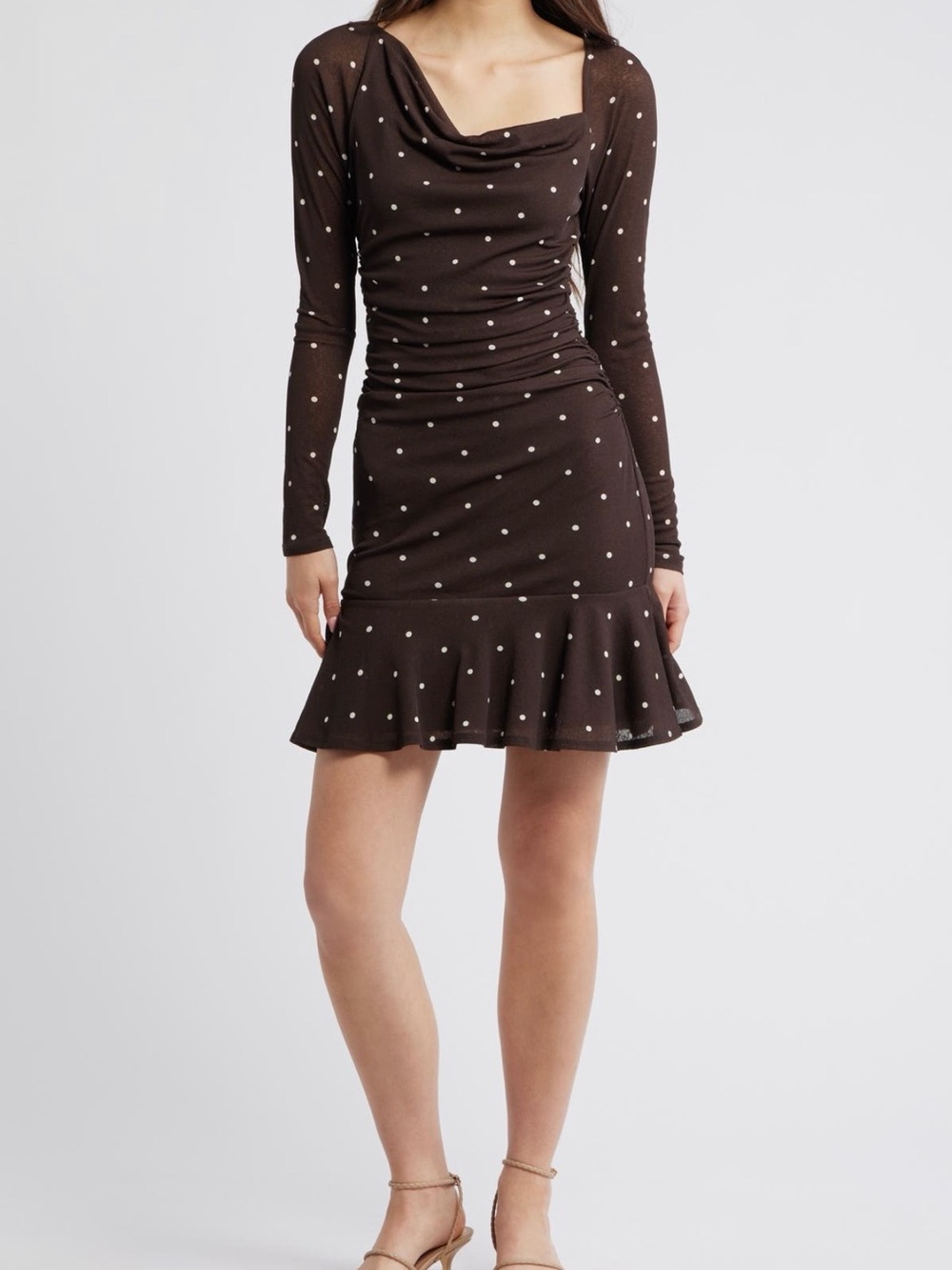 Rails Brown Polka Dot Long-Sleeve Ruffle Hem Dress